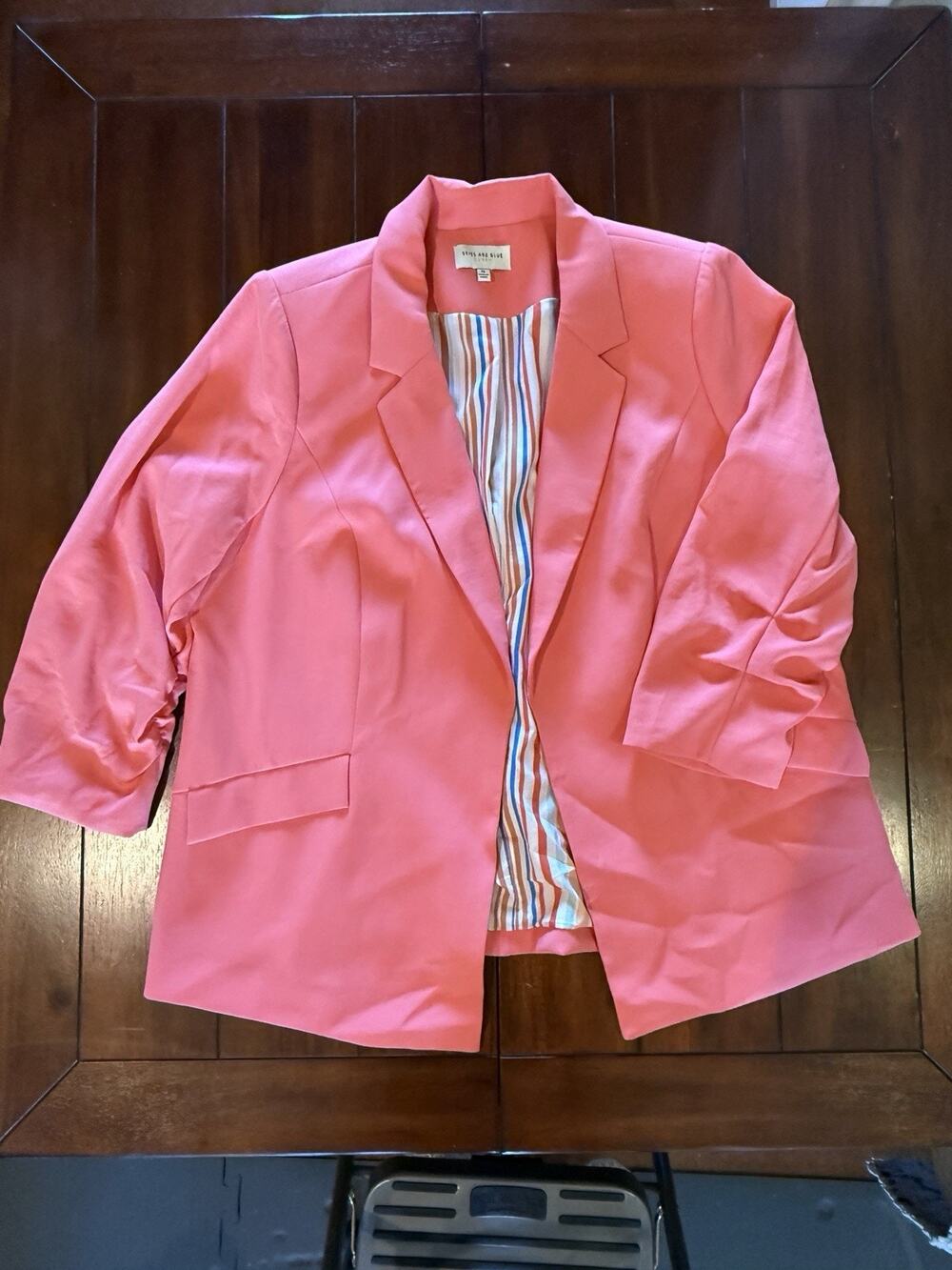 Skies Are Blue Curvy Coral-Pink Open Front Long Blazer 1X Lined Solid